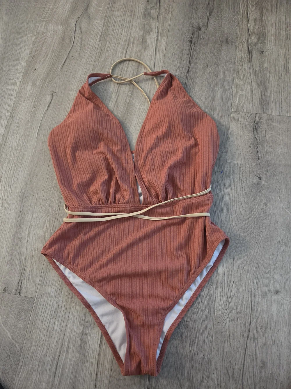 SHEIN Ribbed Rust-Tone One-Piece Swimsuit with Wrap Detail. Plus Size